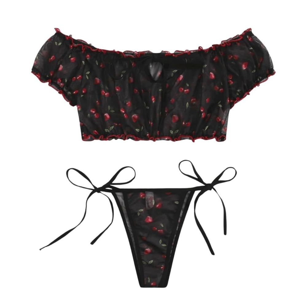 2 Piece Ruffle Trim Mesh Wireless Self Tie Lingerie Set Bra and Panty Set M